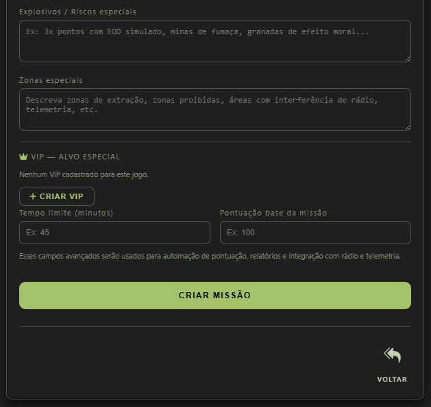 Final do formulário de missão simples com Explosivos / Riscos especiais, Zonas especiais, VIP - Alvo especial, tempo limite, pontuação base, botão Criar missão e Voltar.